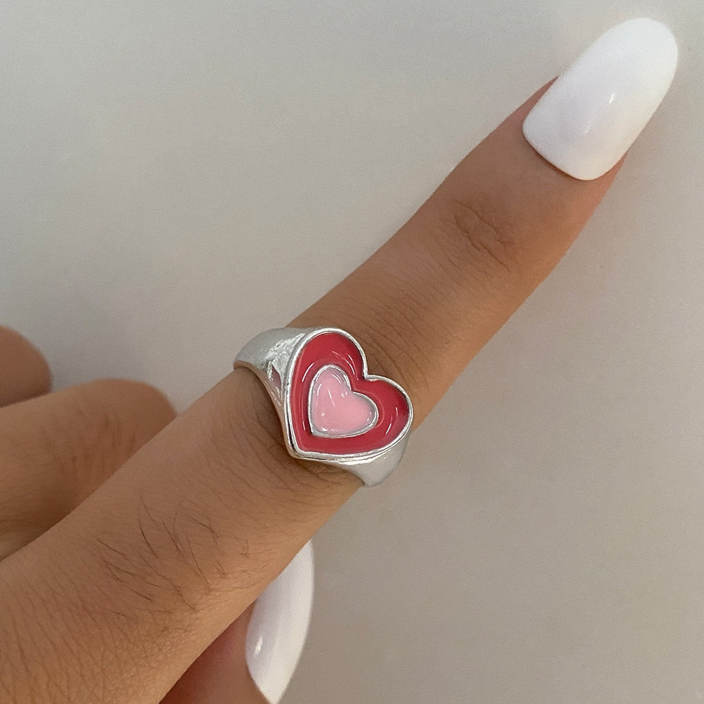 KISS WIFE Vintage Golden Heart Smile Rings Set for Women Ins Style Colorful Love Rings Cute Finger Rings for Girls Jewelry Gifts