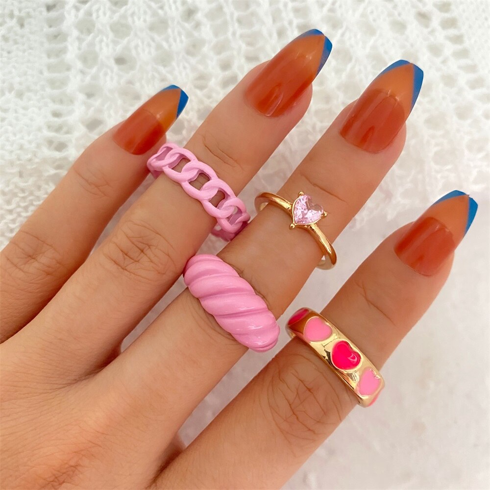 KISS WIFE Vintage Golden Heart Smile Rings Set for Women Ins Style Colorful Love Rings Cute Finger Rings for Girls Jewelry Gifts