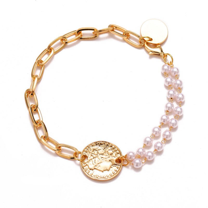 KISS WIFE Simplicity Vintage Pearl Alloy Chain Golden Bracelets For Women Pendant Bracelets On Hand Bangle Fashion Jewelry 2021
