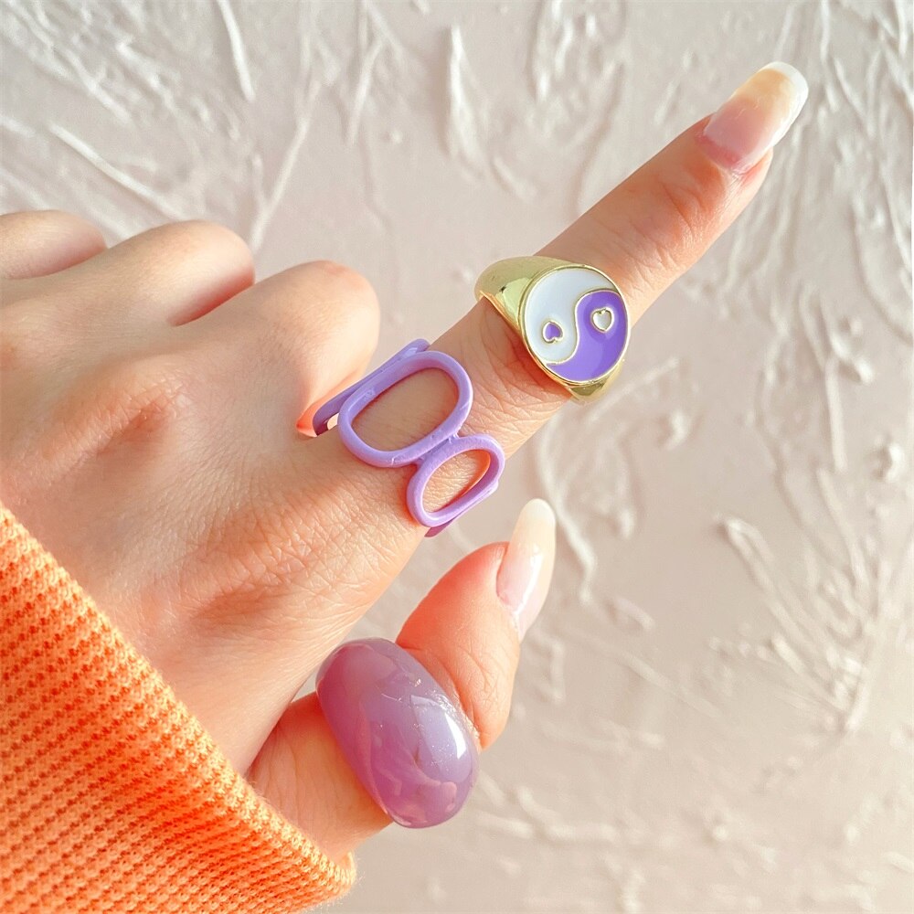 KISS WIFE Vintage Golden Heart Smile Rings Set for Women Ins Style Colorful Love Rings Cute Finger Rings for Girls Jewelry Gifts