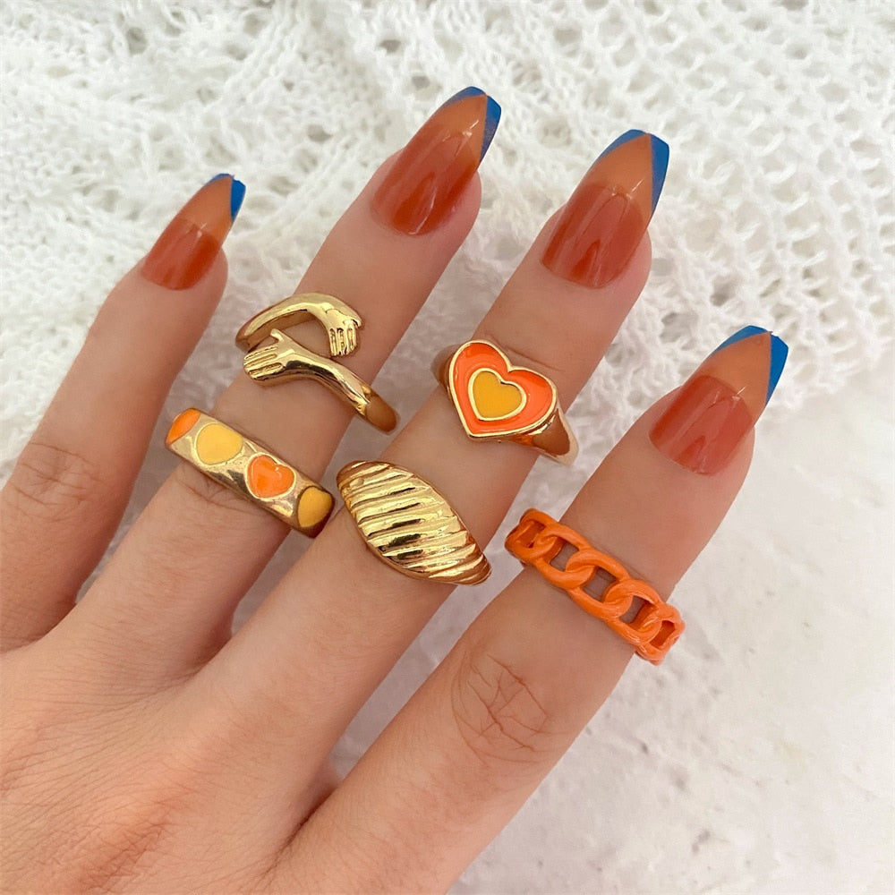 KISS WIFE Vintage Golden Heart Smile Rings Set for Women Ins Style Colorful Love Rings Cute Finger Rings for Girls Jewelry Gifts