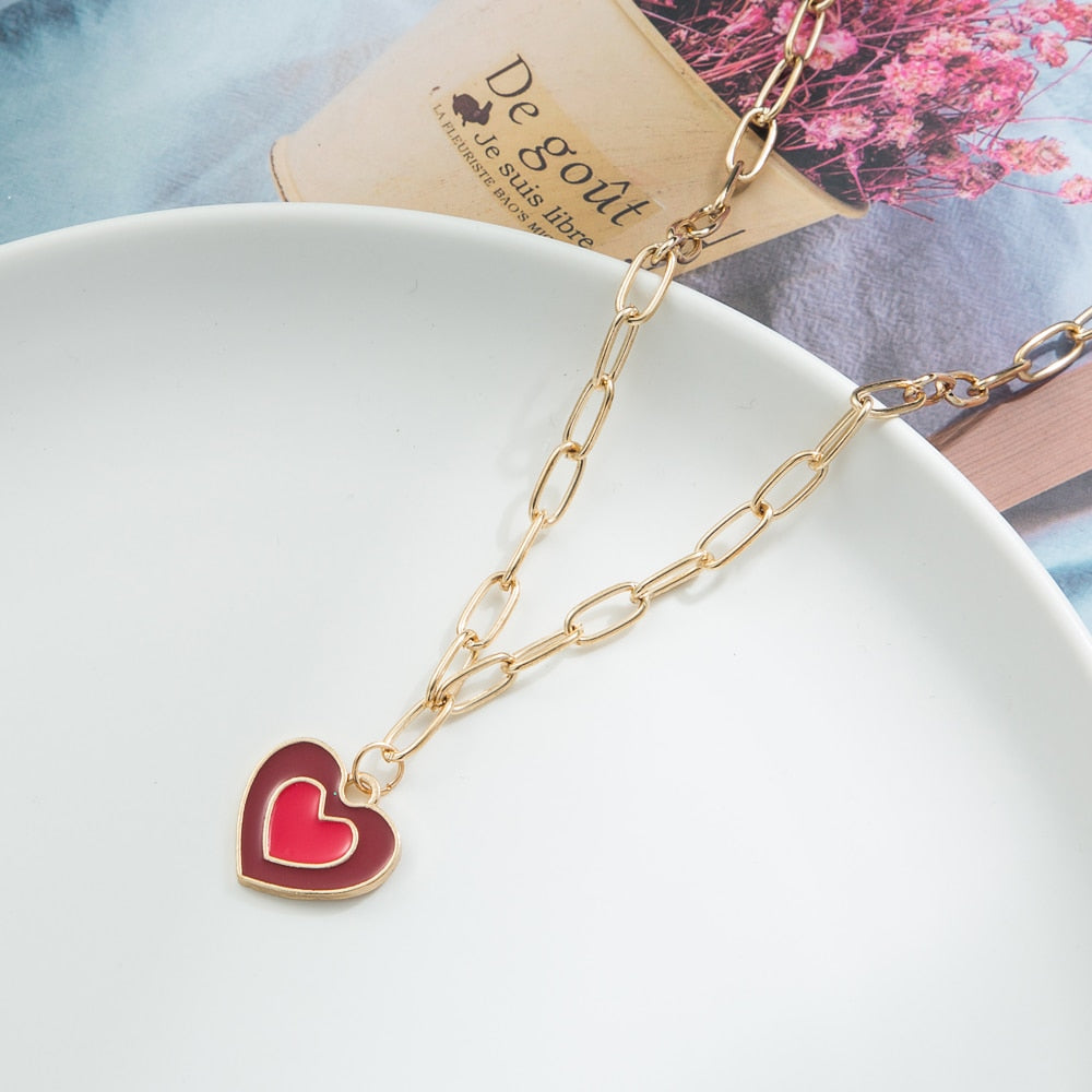 KISSWIFE Vintage Colorful Multilayered Heart Necklace For Women Couples Lovers Fashion Gold Color Chain Necklaces Gifts Jewelry