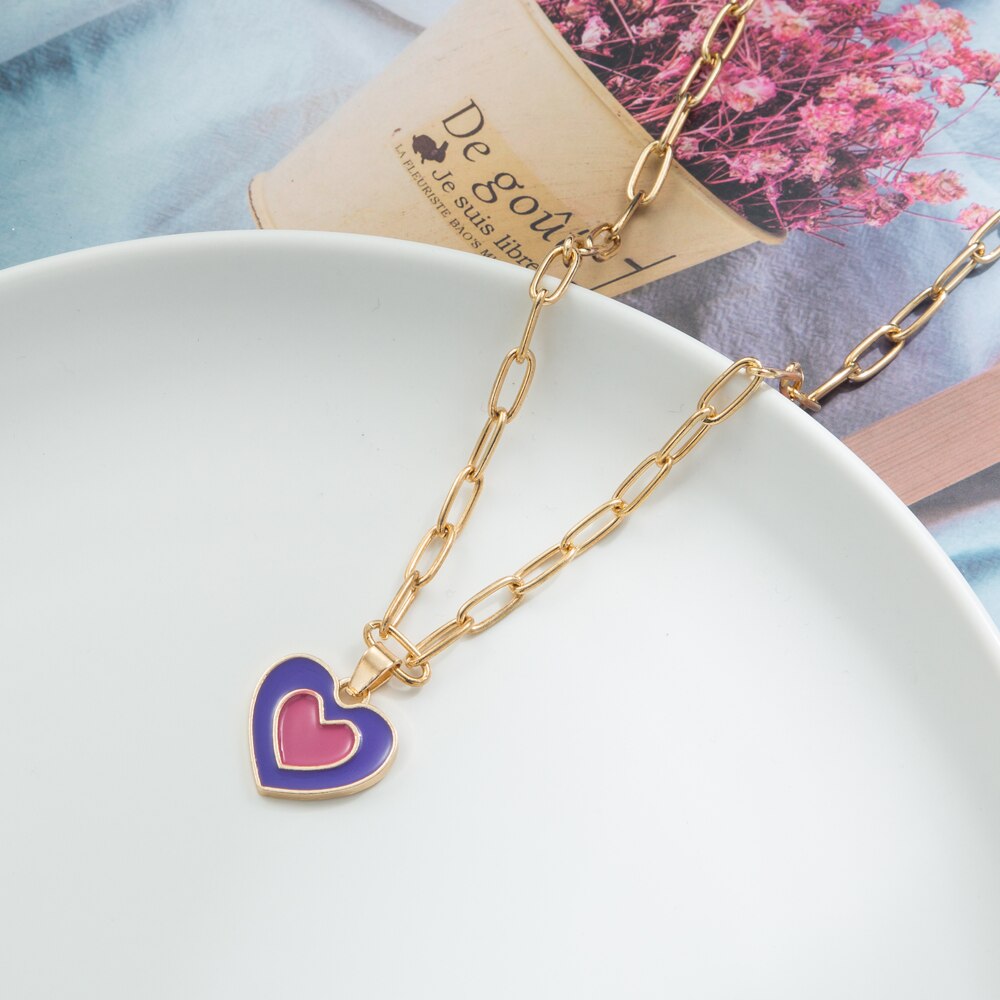 KISSWIFE Vintage Colorful Multilayered Heart Necklace For Women Couples Lovers Fashion Gold Color Chain Necklaces Gifts Jewelry
