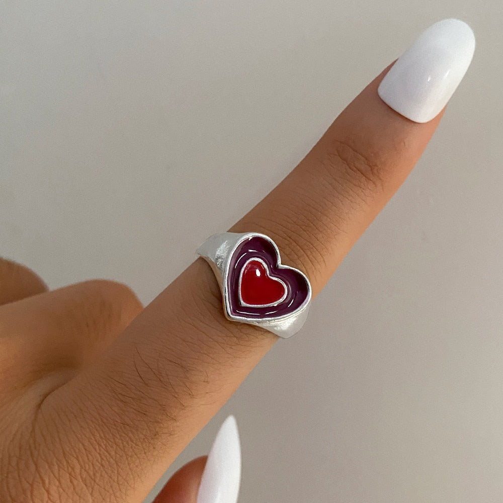 KISS WIFE Vintage Golden Heart Smile Rings Set for Women Ins Style Colorful Love Rings Cute Finger Rings for Girls Jewelry Gifts
